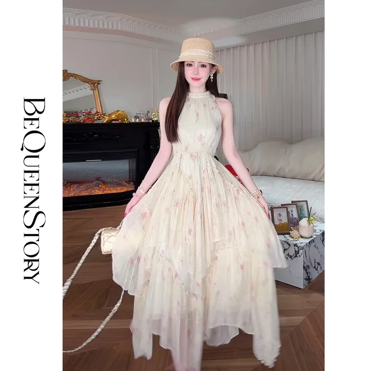 BeQueenStory【花海邂逅】100桑蚕丝印花无袖立体花朵不规格连衣裙
