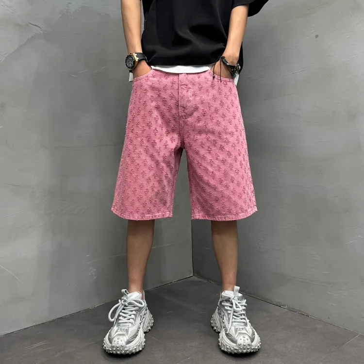 2025夏季薄款潮牌高街抓烂提花乞丐牛仔短裤男款六分宽松直筒短裤