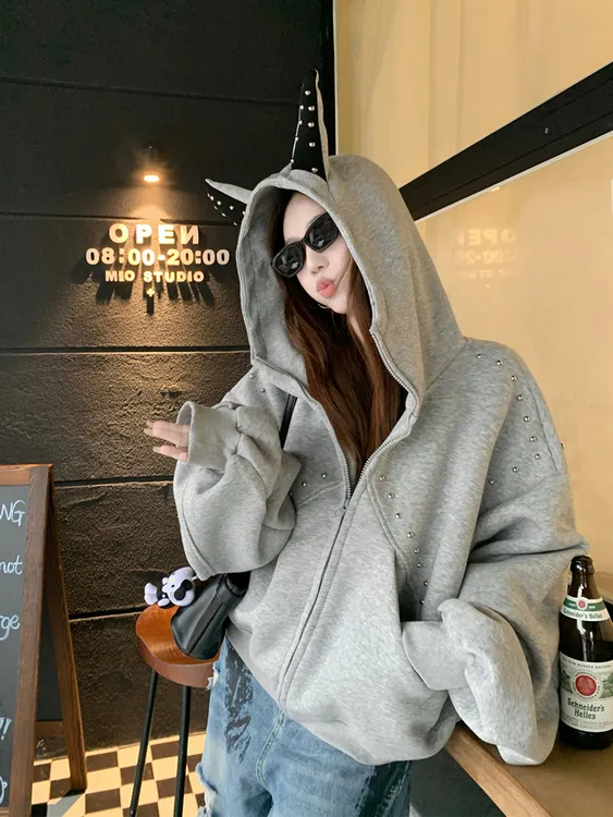 秋季外套女款爆款新款新款美式防风长袖卫衣宽松高级连帽拉链外套