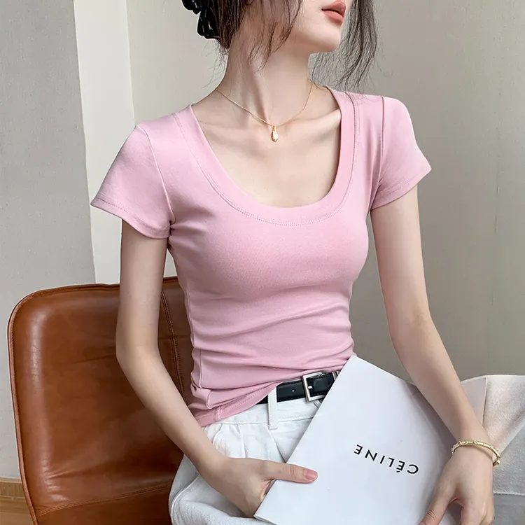 短袖t恤女2025夏季新款修身显瘦正肩韩版小纵上衣低领内搭半袖T恤