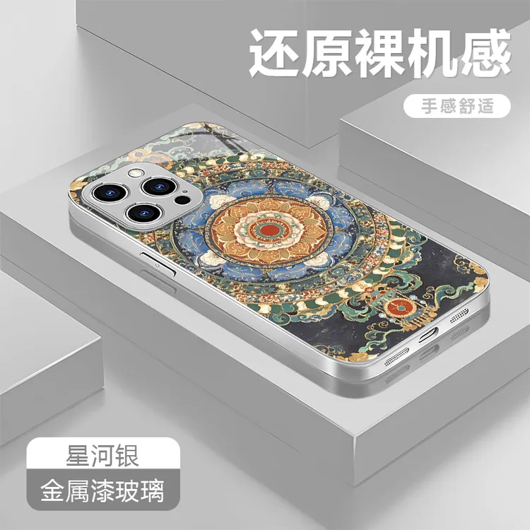 复古图腾适用苹果17/16华为P70/vivo/oppo金属漆玻璃防摔手机壳