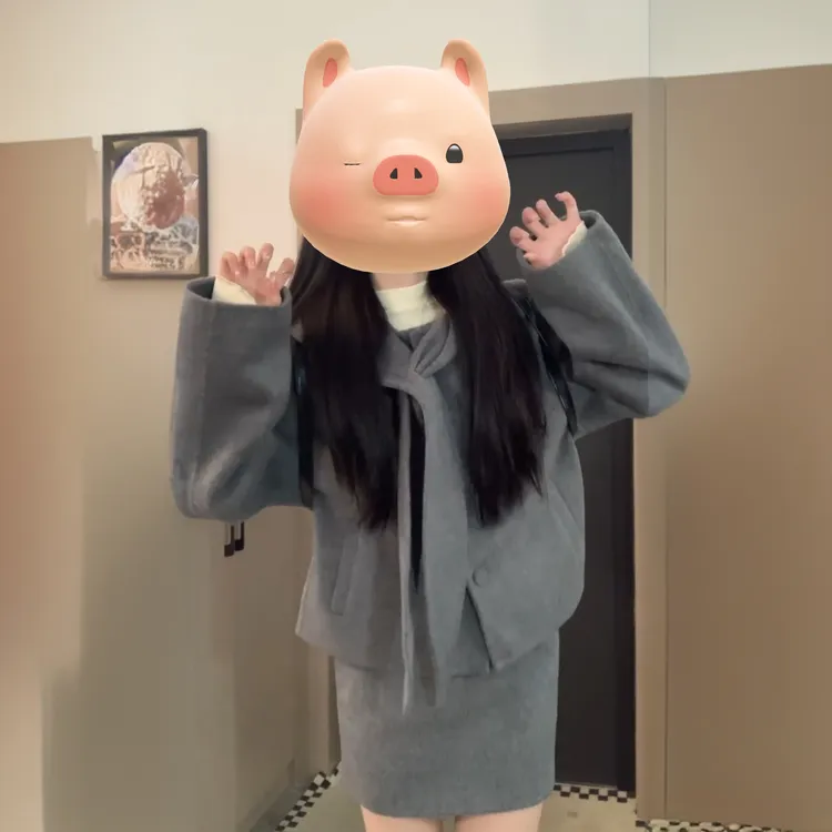 INS CEC灰色高级感时尚外套女秋冬新款设计感外套半身裙两件套装