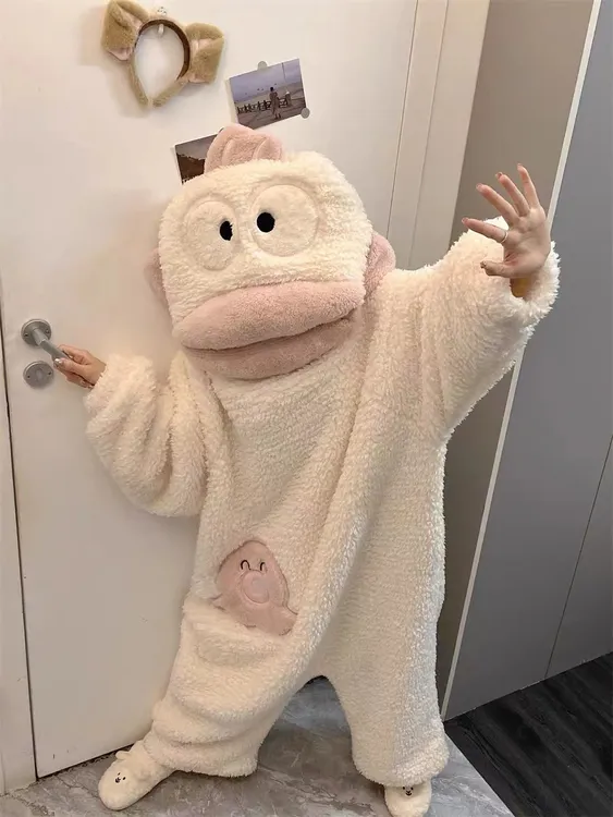 白色丑鱼汉顿连体睡衣女冬季珊瑚绒加厚加绒搞怪家居服套装一体式
