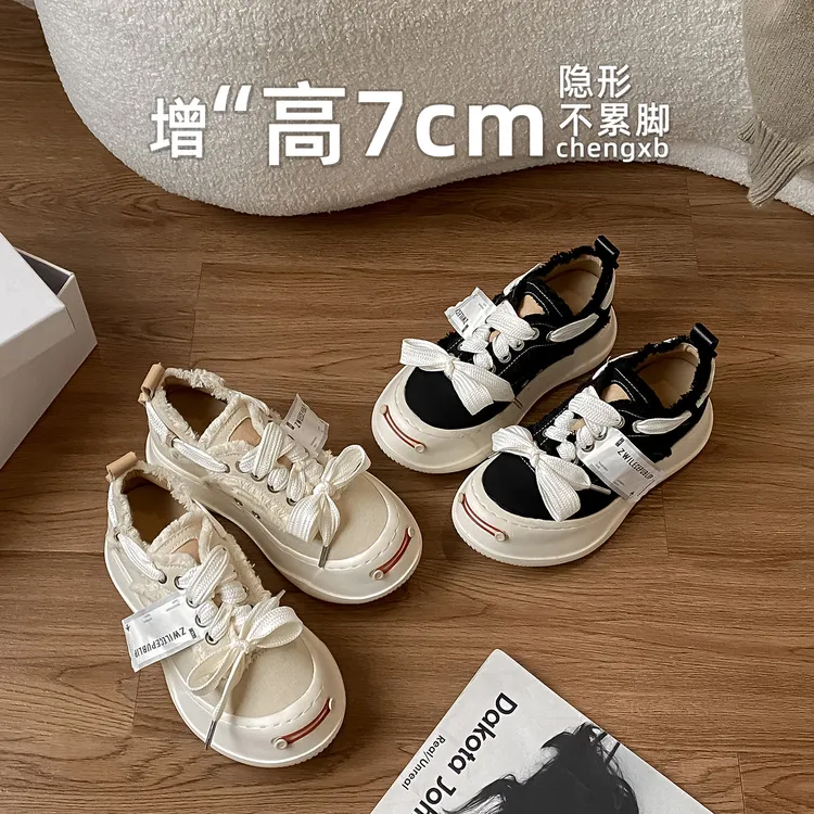 【葡萄茵】内增高厚底开口笑帆布鞋小众设计休闲板鞋复古小白鞋女