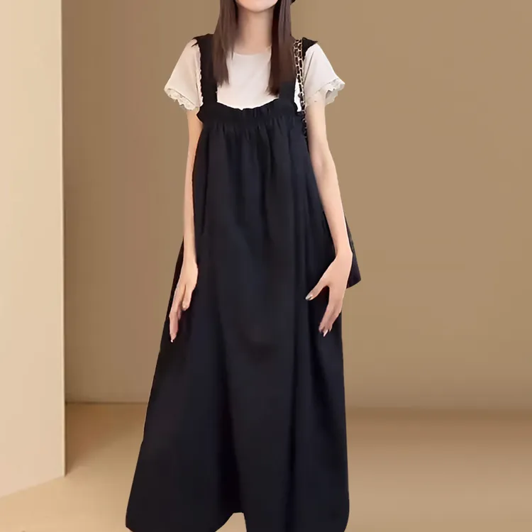 2025春夏休闲时尚宽松减龄气质设计感中长款连体裙花边T恤套装潮