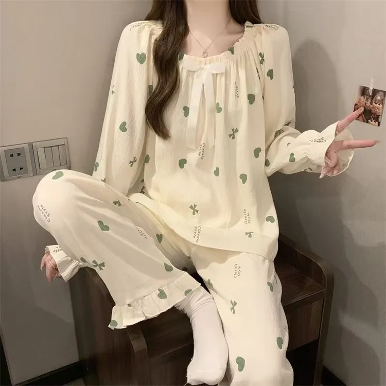 公主风女士春秋长袖长裤睡衣可爱甜美学生家居服ins睡衣带胸垫