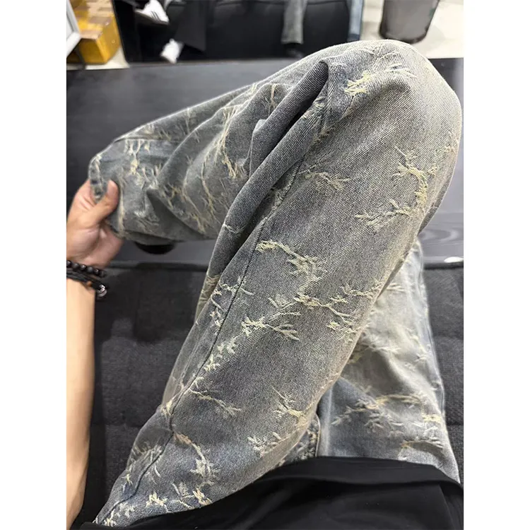 cleanfit荆棘提花牛仔裤男款美式高街vibe裤子显瘦直筒修身微喇裤