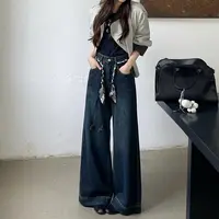 25931#秋季弹力大码直筒长裤刺绣百搭牛仔裤高腰时尚显瘦阔腿裤