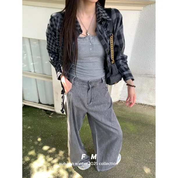 【赵小小&时髦公式】8299 早秋复古褶皱流苏格纹拼接长袖衬衫女上衣