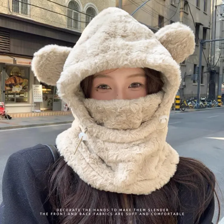 毛绒小熊保暖帽子围脖面罩一体女2025新款秋冬韩版加厚保暖雷锋帽