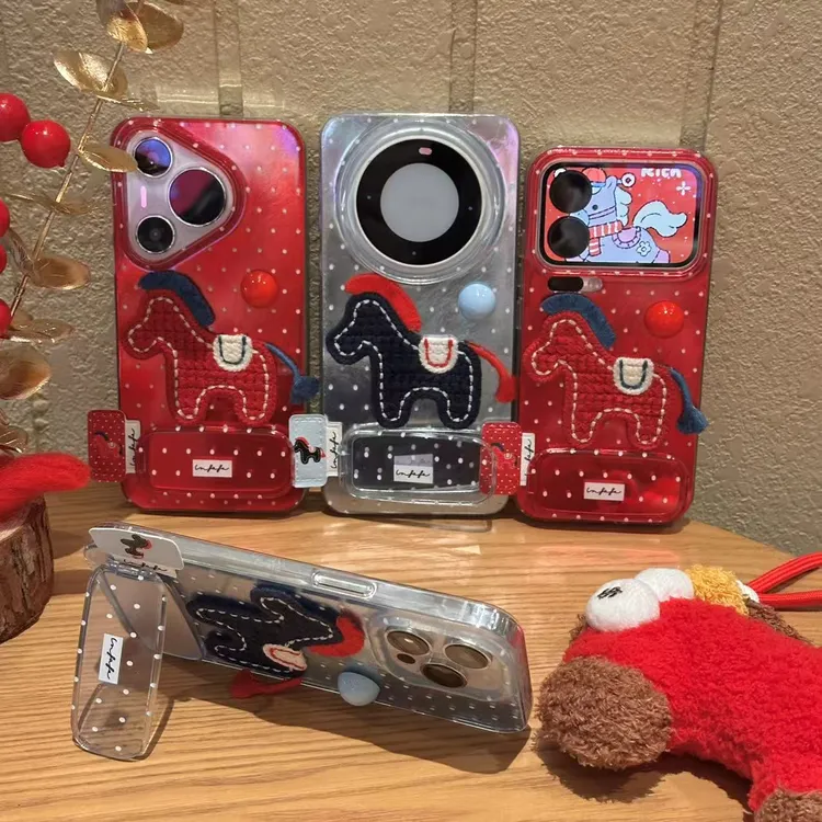 刺绣小马波点支架适用苹果17promax冰川16手机壳华为vivo小米oppo