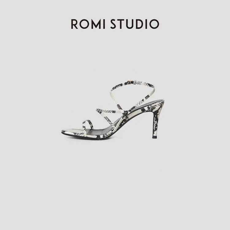 ROMI STUDIO“气质优雅”牛皮革仿蛇纹印花细带高跟凉鞋 RWCRP32035
