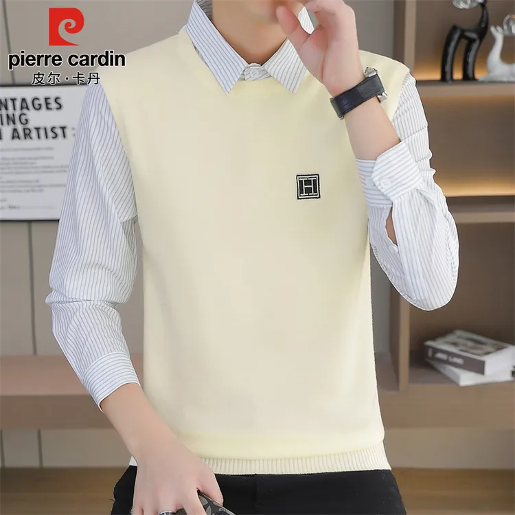 皮尔卡丹假两件毛衣秋冬季新款男士宽松百搭衬衫领休闲拼接针织衫