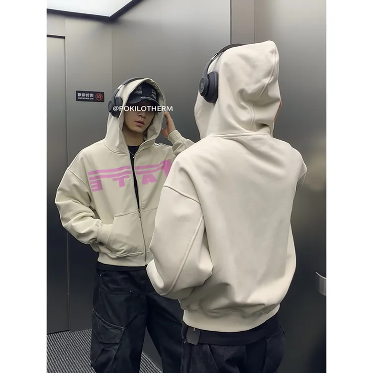 PLTH*早秋美式潮牌撞色印花拉链开衫连帽卫衣男休闲短款情侣外套