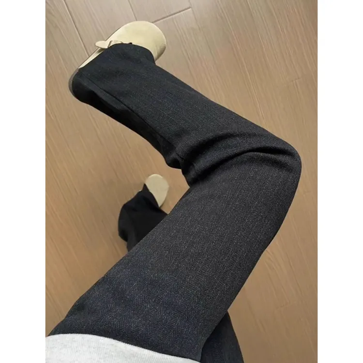 黑色条纹加绒毛呢裤男款冬季重磅美式人字纹裤子垂感直筒微喇长裤