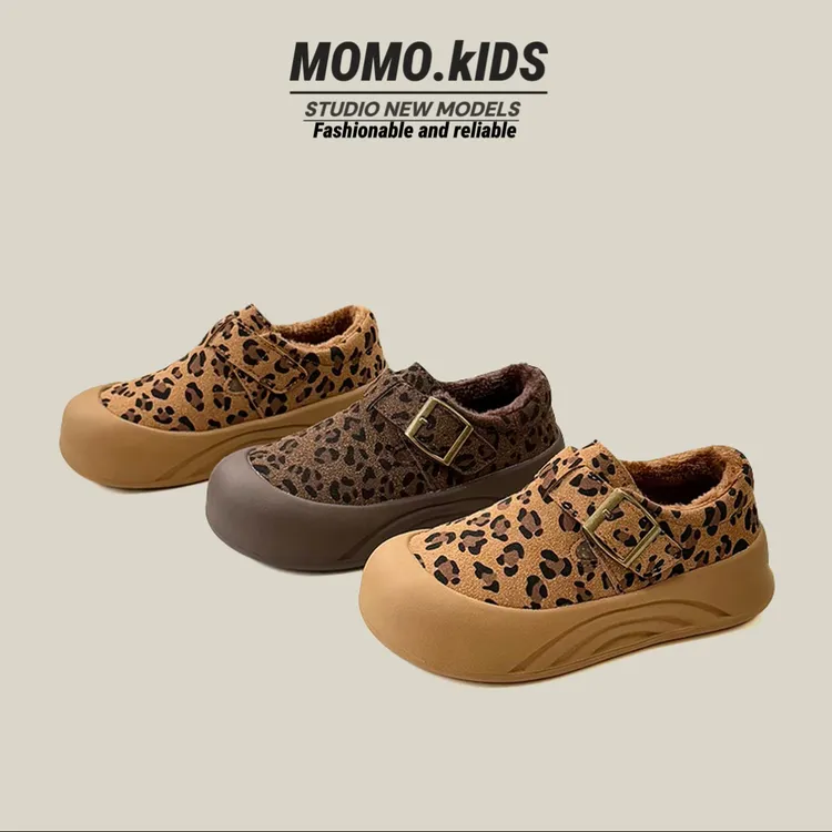 儿童豹纹鞋二棉勃肯鞋2025年冬季新款女童休闲鞋加绒男童鞋