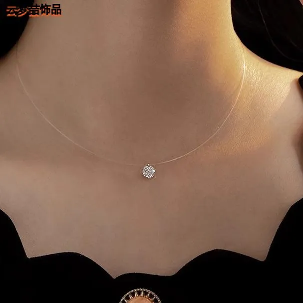 吊坠925银玻璃 S925人鱼之泪隐形鱼线莫桑石项链女生锁骨链精百搭