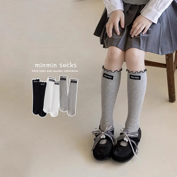 女童长筒袜春秋季儿童韩系甜美miu系木耳边小腿袜秋天女孩中筒袜
