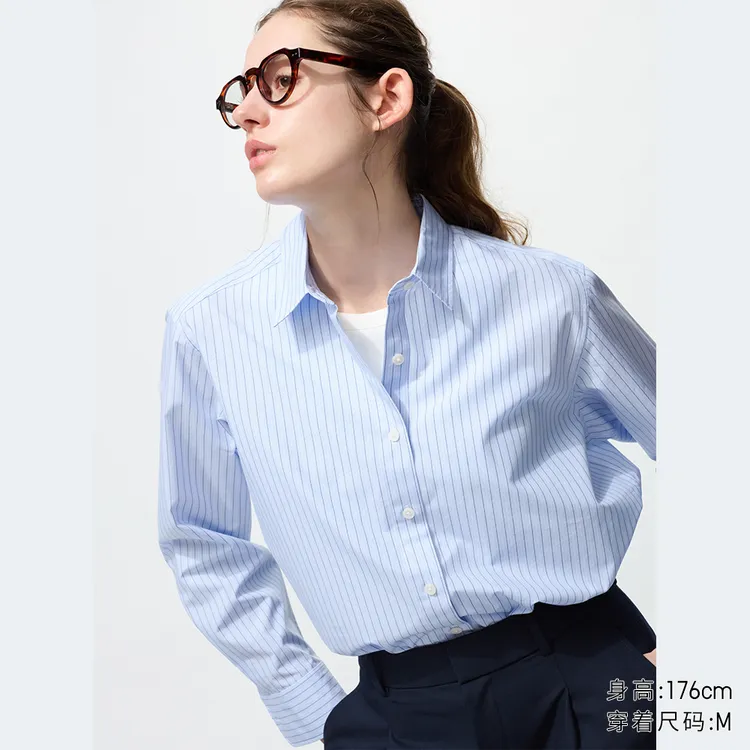 优衣库女装全棉条纹衬衫/长袖衬衣薄外套25秋冬新款479079