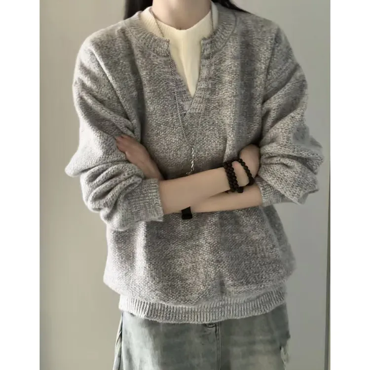 假两件毛衣男秋冬季新款宽松休闲百搭针织衫白灰色软糯糯亲肤衣服