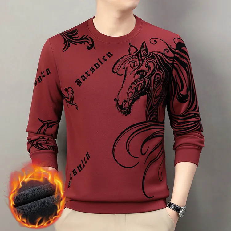 新款潮流加绒加厚卫衣男士马年新款圆领长袖T恤红色本领年打底衫