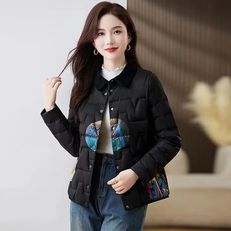 短款轻薄羽绒服女2025秋冬洋气时尚印花小个子白鸭绒中式保暖外套