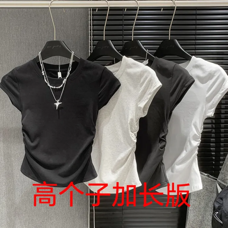 高个子加长版正肩短袖T恤女夏季螺纹棉紧身褶皱显瘦不规则设计感