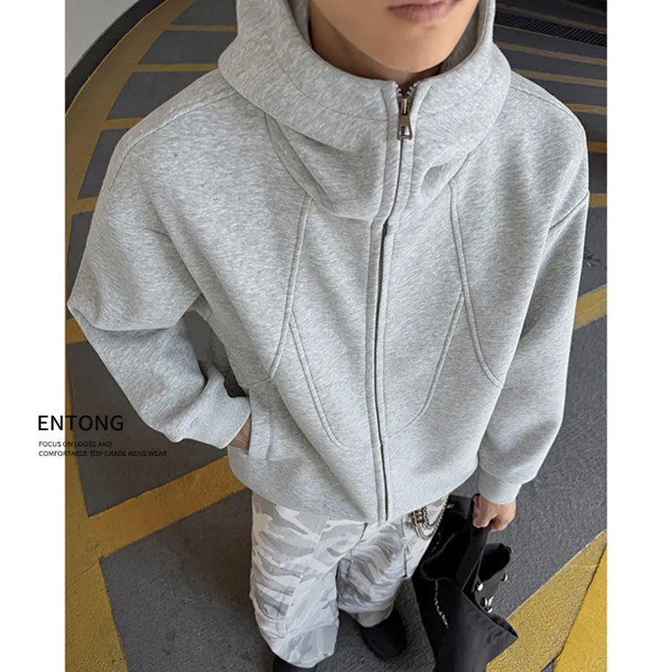 Entong美式宽松拼接灰色连帽卫衣男款秋季宽松痞帅开衫外套帽衫潮