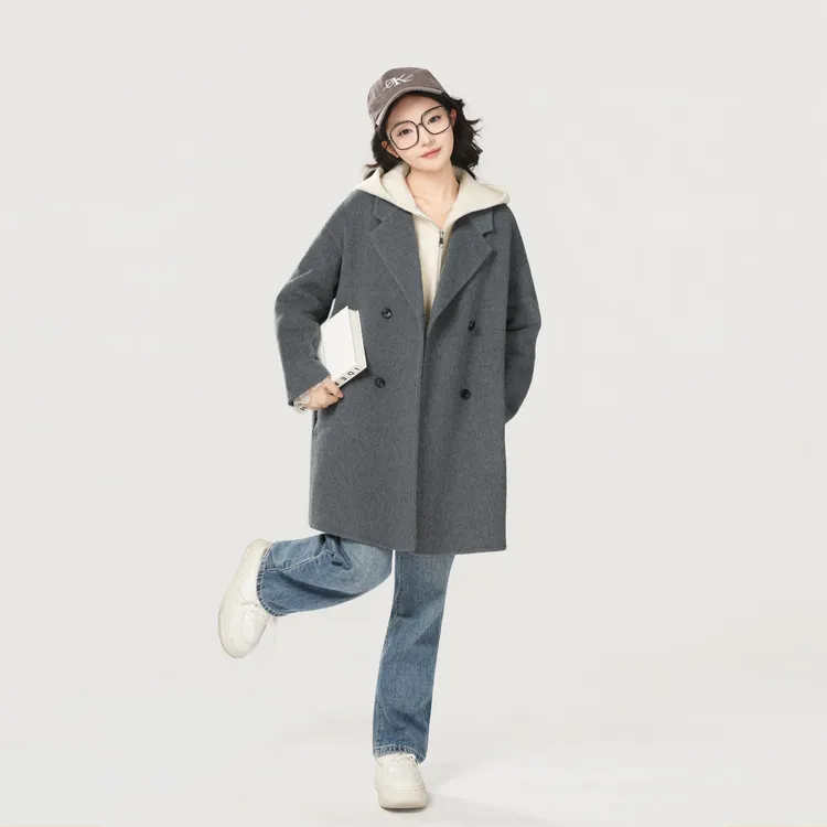 25903秋冬季时尚法式慵懒风双排扣翻领宽松廓形长短款羊毛大衣
