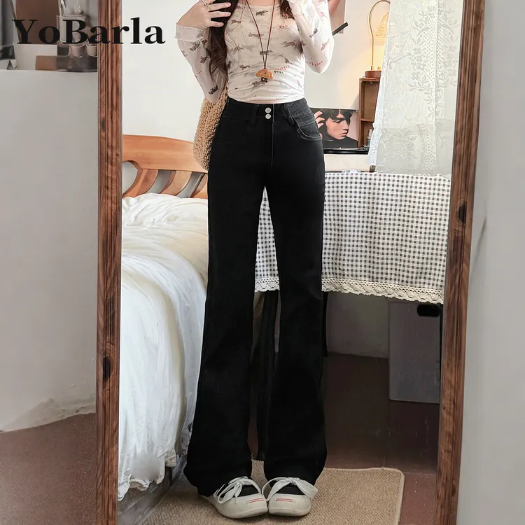黑色微喇牛仔裤女梨形身材秋季新款大码胖mm显瘦高腰弹力马蹄裤子