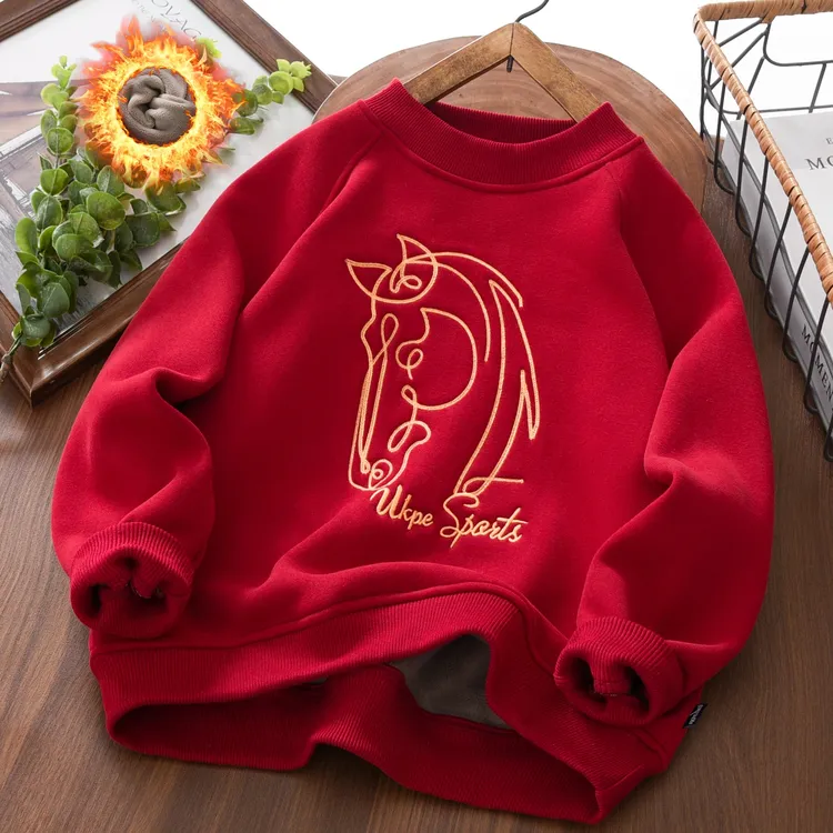 男童加绒红色卫衣冬季2026新中大童加厚儿童装中式马头刺绣年服潮