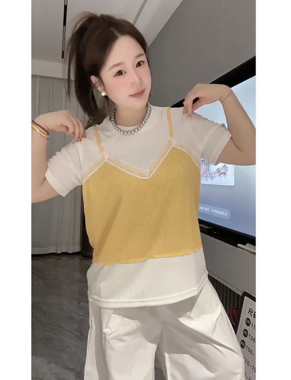 「小吴家」2025夏装新款蕾丝花边假两件短袖t恤➕阔腿九分裤