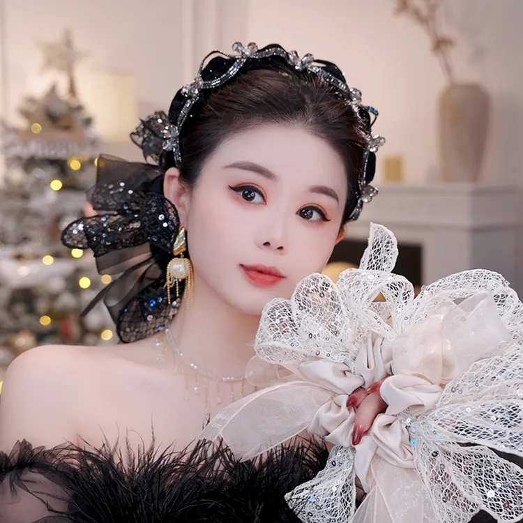 时宴泡芙亮片蝴蝶结发圈丝带网纱头绳大号韩系高级感超仙扎发发绳