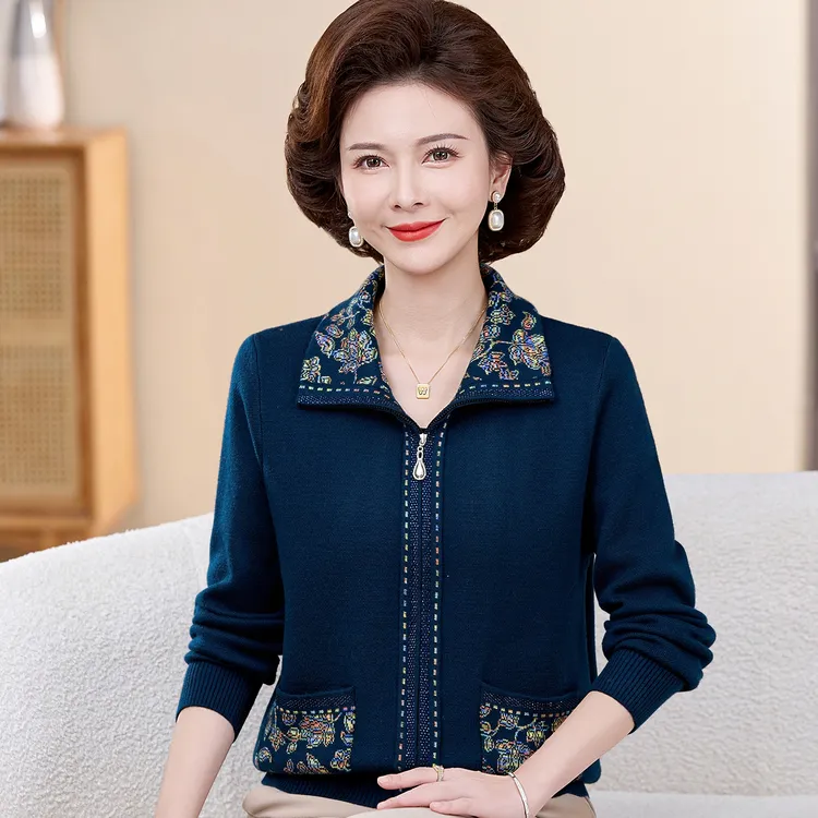 妈妈秋装阔太太时髦女装外套新款秋冬季针织开衫洋气中老年女装