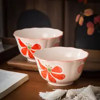 家用陶瓷餐具美二烧釉下彩锦花宴6英寸曲边荷口碗甜品碗(2个装)