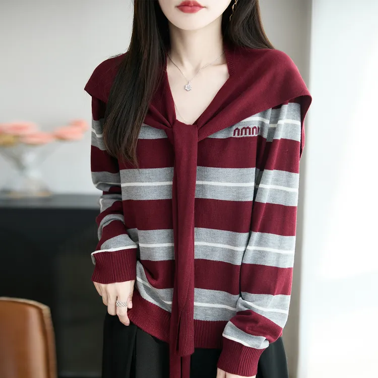 【现货宠粉】新款女毛针织衫早秋撞色宽松打底显瘦轻奢条纹毛衣长袖