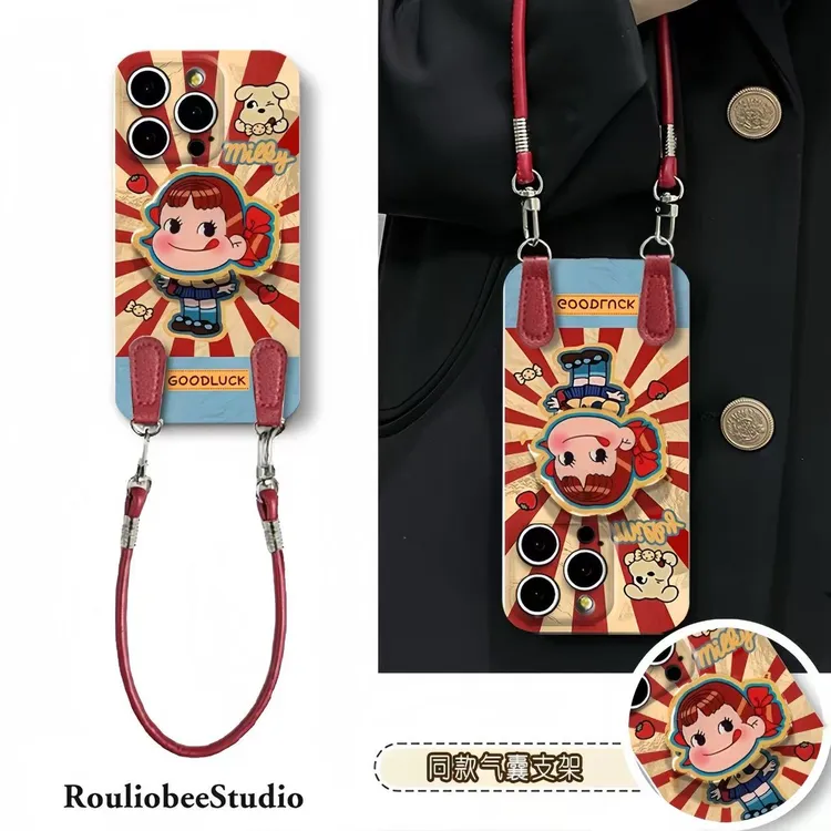 可爱牛奶妹支架挂绳适用苹果17手机壳iPhone16华为vivo小米oppo套