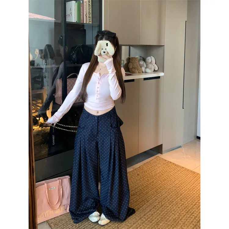 粉色长袖小众半开领短款T恤女秋季宽松波点休闲裤长裤甜辣两件套