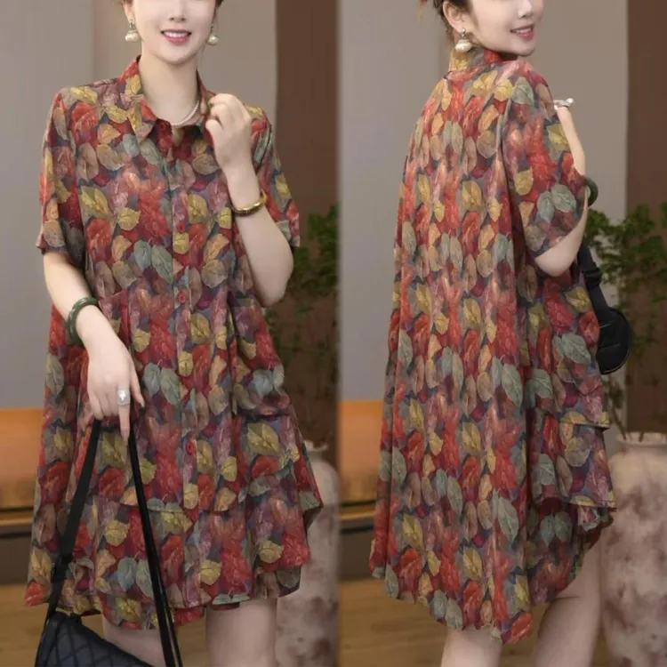 大码时尚休闲套装女2026夏季新款宽松显瘦红叶印花衬衫短裤两件套