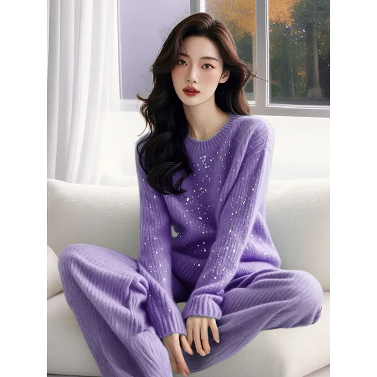 时尚洋气时髦轻奢高级感冬天冰川蓝色细闪圆领毛衣长裤子套装女