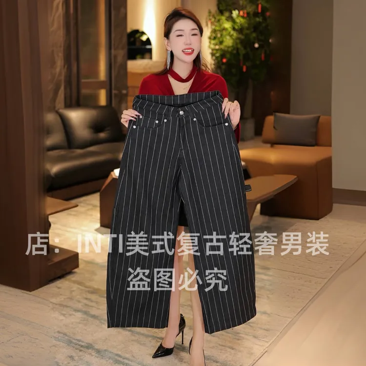 高端设计师款黑色条纹弯刀裤男士牛仔裤宽松直筒大裤脚阔腿裤休闲