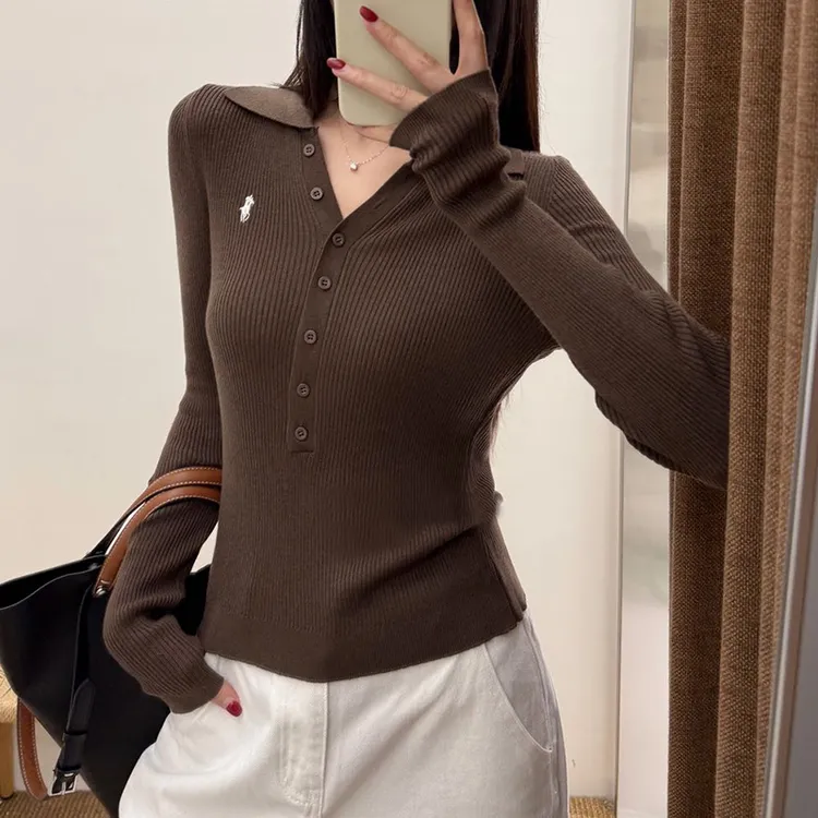 韩版老钱风排扣翻领长袖针织衫女2025早秋新款高级感修身显瘦上衣