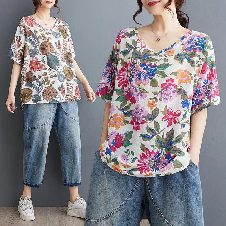 大码女装文艺休闲印花V领短袖棉麻T恤薄款复古夏季宽松减龄上衣服