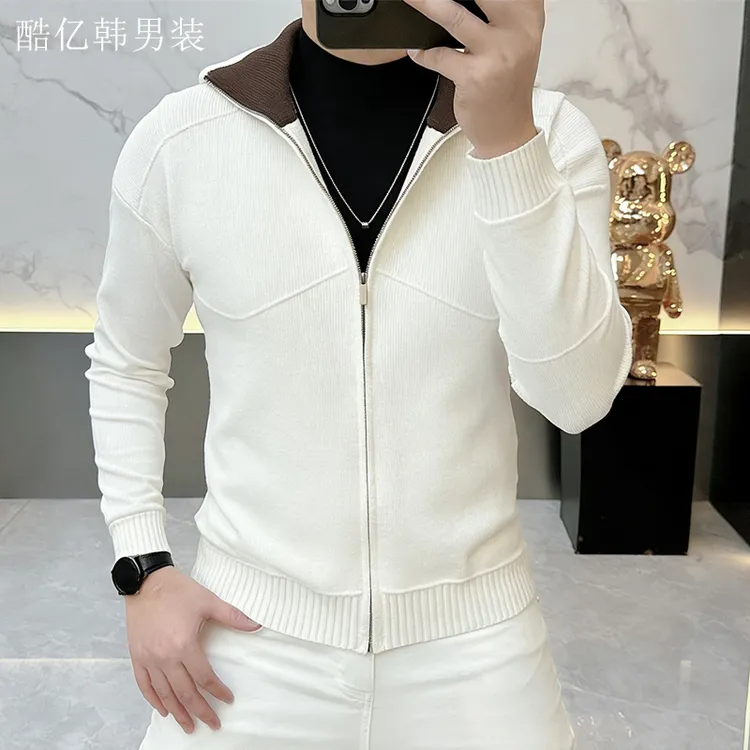 轻奢男装秋冬新款潮牌针织开衫外套男翻领修身时尚毛衣纯色PJ008