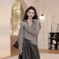 【YANYAN】纯色翻领毛衣女秋季新款慵懒风软糯长袖套头针织衫8835