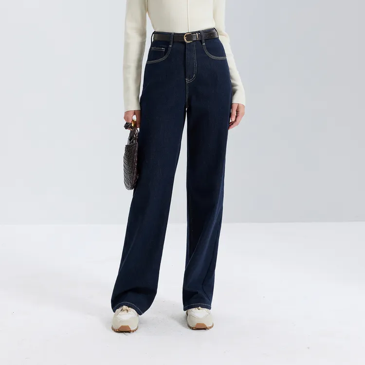 三彩丽雪leisure2025秋季新款复古水洗高腰牛仔裤直筒休闲长裤女