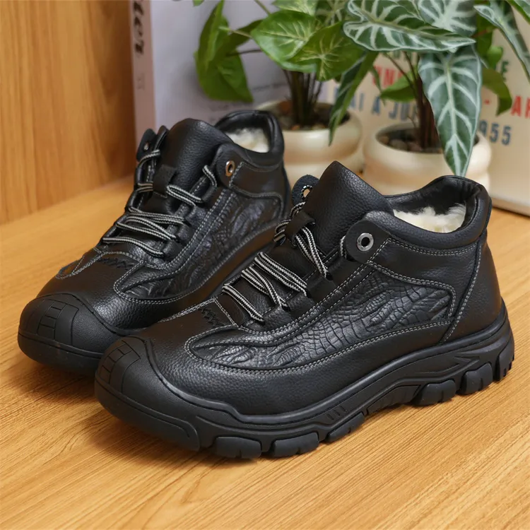 秋冬季男士保暖羊皮毛内里+真牛皮鞋休闲百搭耐磨低帮马丁靴91159