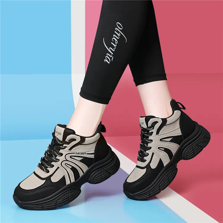 爆款运动鞋女鞋2025年秋冬季新款高帮拼色皮鞋厚底轻便休闲老爹鞋