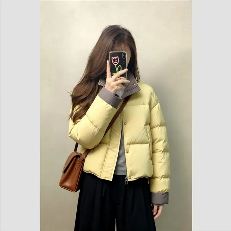 现货！韩系女士短款高端洋气小个子巨好看发黄色撞色羽绒外套冬装