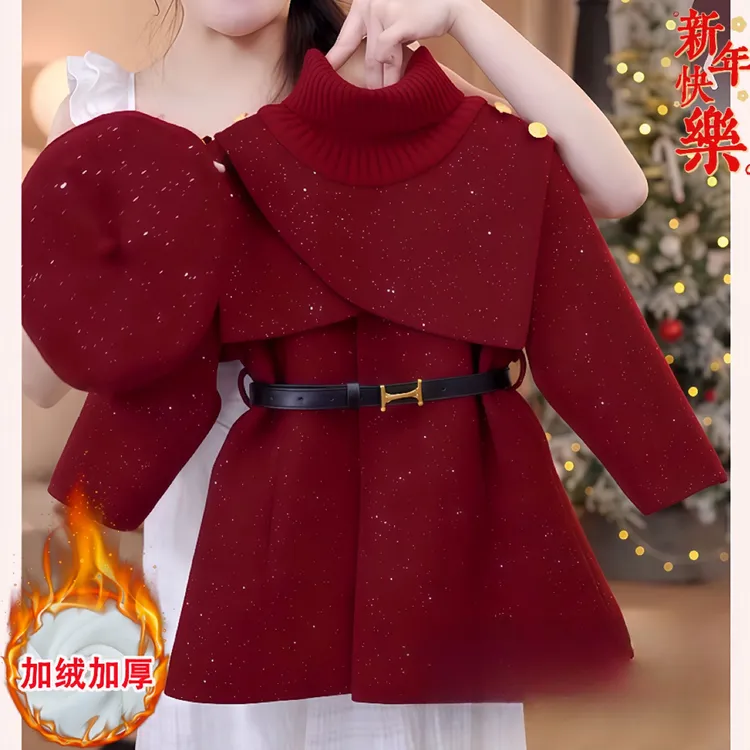 女童加绒红色毛呢大衣冬装2025新款收腰高领撒银外套拜年服小香风